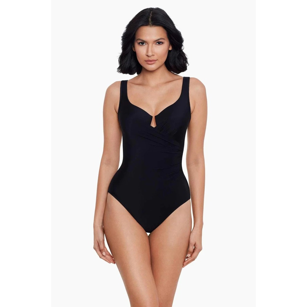 Miraclesuit Escape One Piece Swimsuit Black Ruched Underwire Slimming Size 16